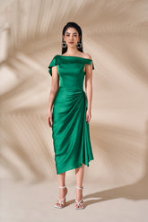 Annette Off Shoulder Draped Midi Silk Dress